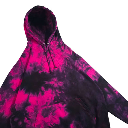 Hot pink and black tie-dye pullover hoodie, front pouch pocket and drawstring hood