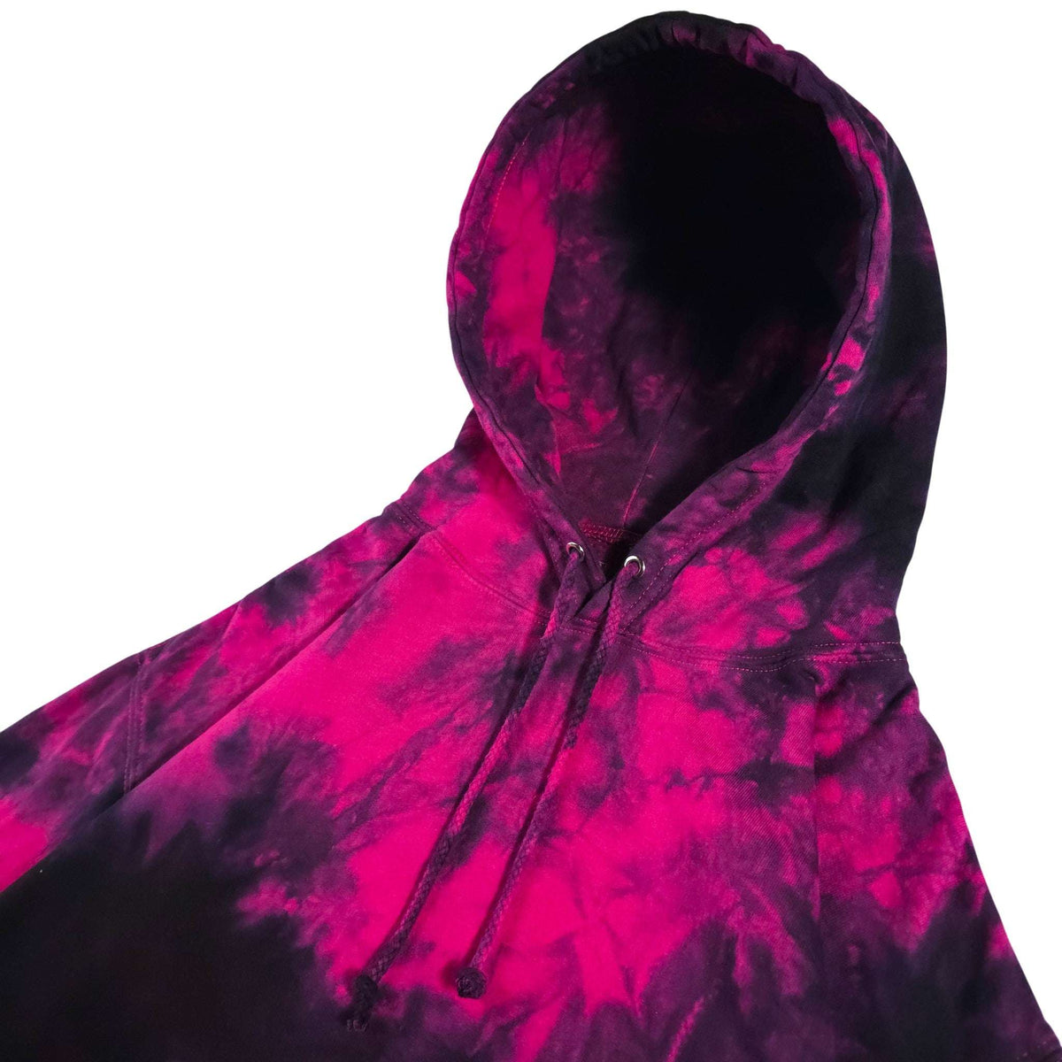 Tie-dye pullover hoodie with hood and drawstring; bright hot pink pattern on dark fabric
