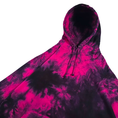 Hot pink and black tie-dye pullover hoodie with drawstring hood and visible front pocket