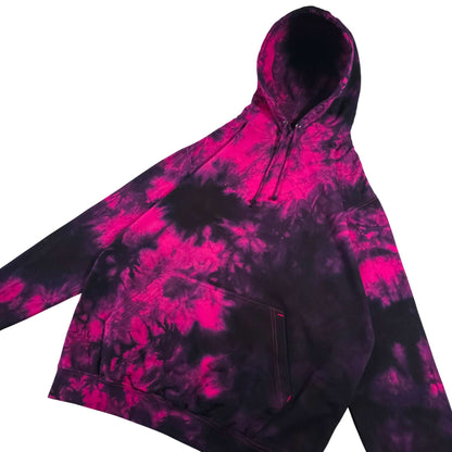 Tie-dye pullover hoodie with pouch pocket and drawstring hood; hot pink and dark swirls
