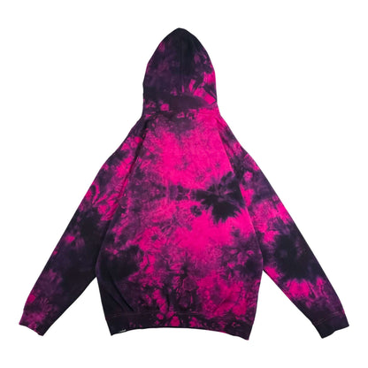 Hot pink and black tie-dye pullover hoodie, hood with drawstrings, long sleeves, front pocket