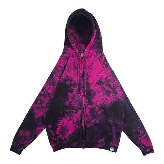 Tie-dye zip-up hoodie with hood, drawstrings, and black-pink patchwork design