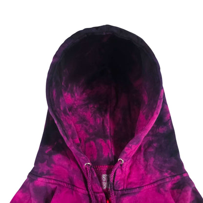 Hooded tie-dye zip hoodie close-up view with drawstring cords and zipper front