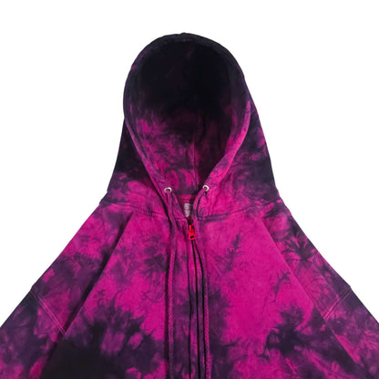 Zip-up tie-dye hoodie front view with hood and adjustable drawstring cords