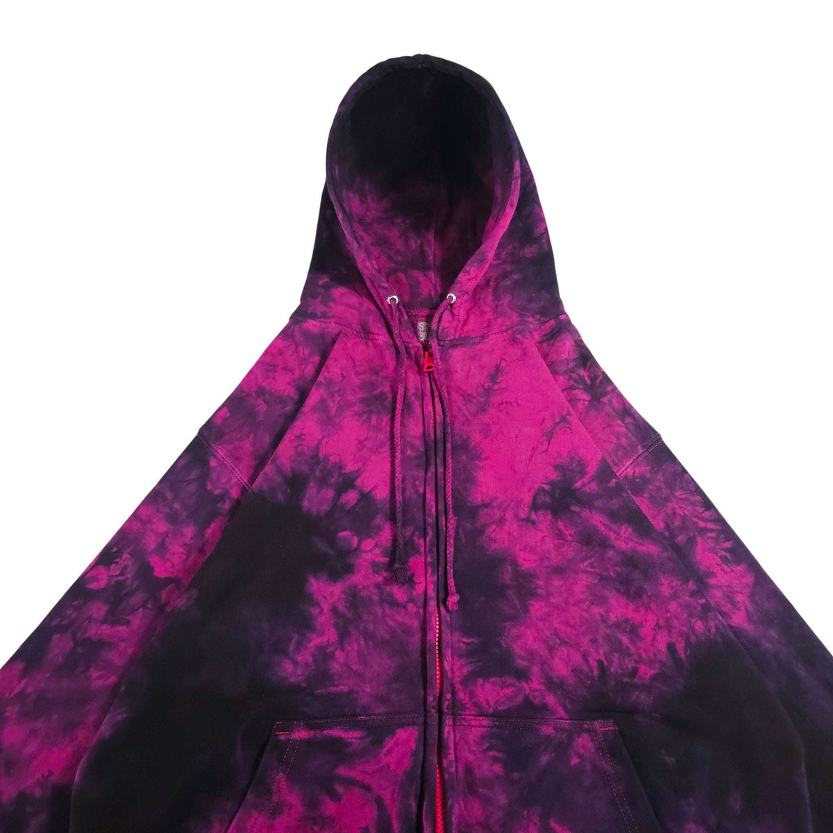Hooded tie-dye zip hoodie with kangaroo pocket and full front view