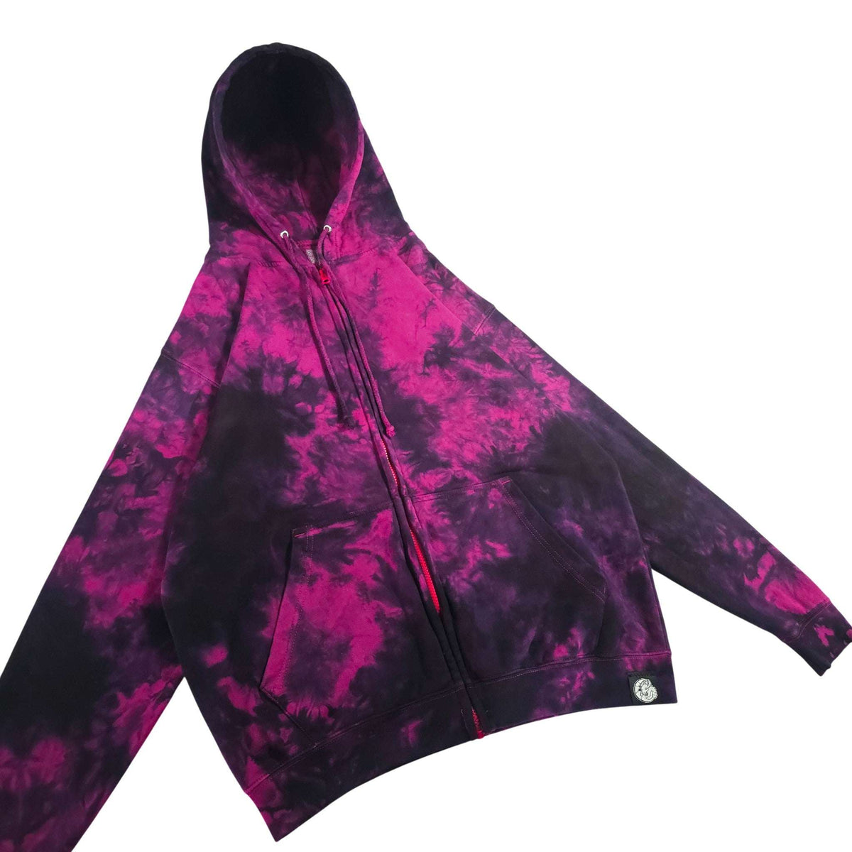 Tie-dye zip-up hoodie with hood, drawstring cords, and relaxed shoulder fit