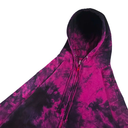 Hooded tie-dye zip hoodie close-up with drawstrings and zipper front