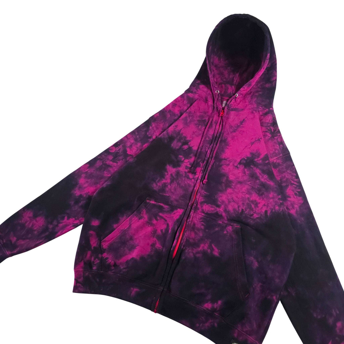 Tie-dye zip-up hoodie with hood, zipper, and kangaroo pocket front view