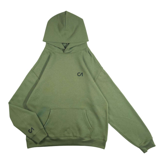 Green pullover hoodie with drawstring hood and front kangaroo pocket