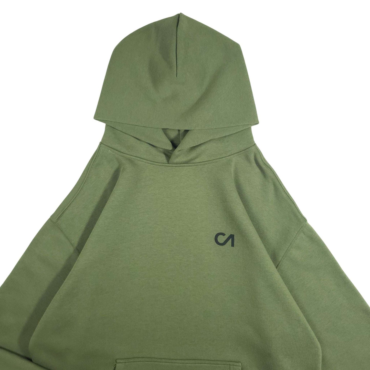 Olive-green pullover hoodie with drawstring hood and embroidered chest logo