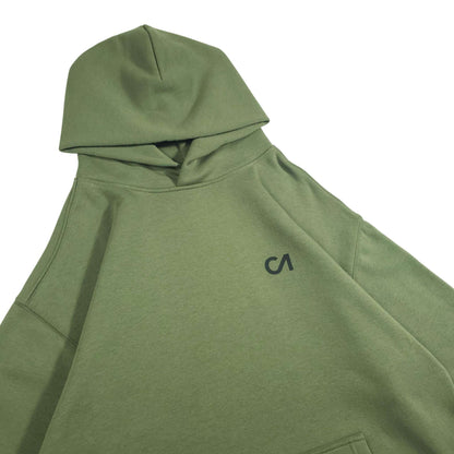 Green pullover hoodie with hood, kangaroo pocket, and chest logo