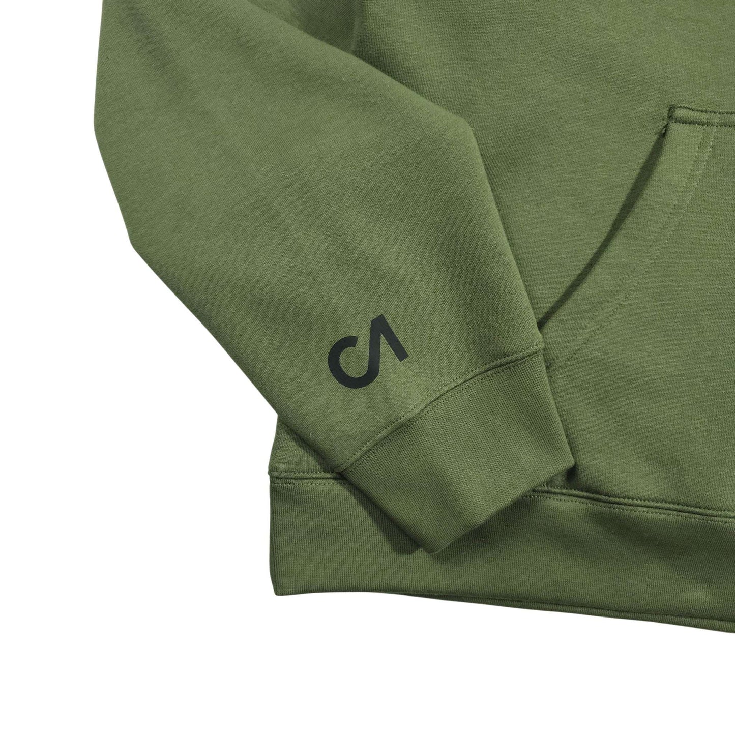 Green hoodie sleeve close-up with black logo and ribbed cuff