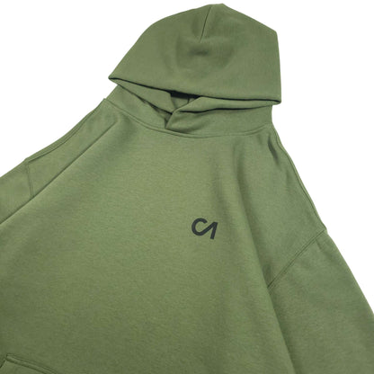 Green pullover hoodie with drawstring hood and embroidered chest logo