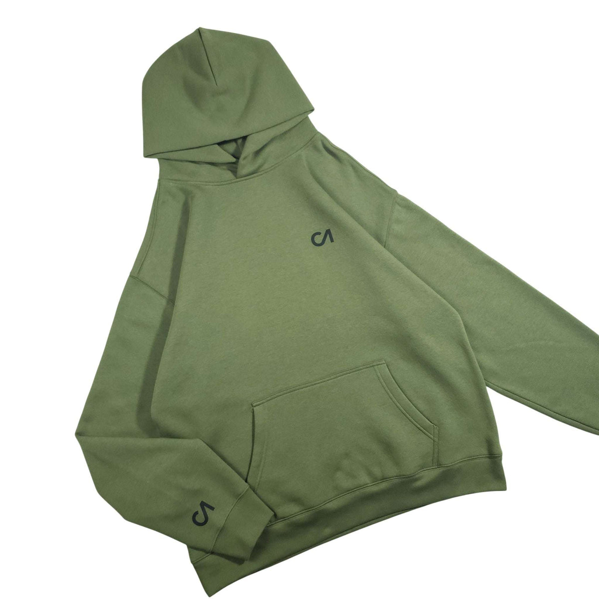 Green pullover hoodie with hood, kangaroo pocket, and side logo detail