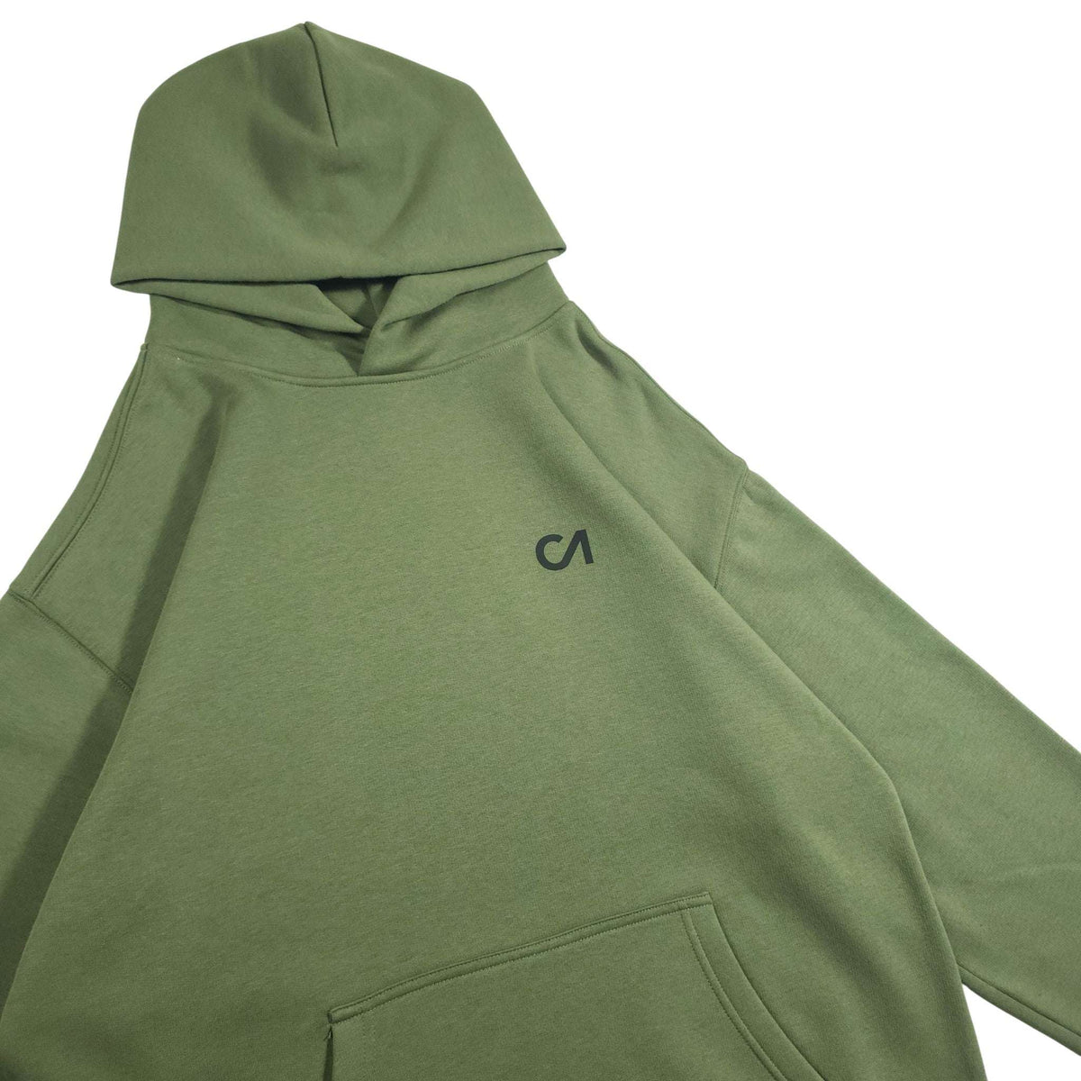 Green pullover hoodie with hood, chest logo, and front kangaroo pocket