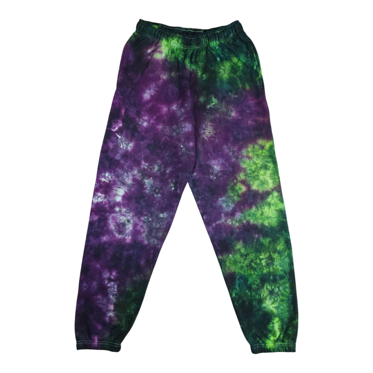 Purple and green tie-dye jogging bottoms with elastic waistband and tapered cuffs