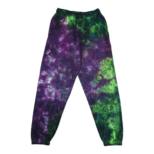 Purple and green tie-dye jogging bottoms with elastic waistband and tapered cuffs