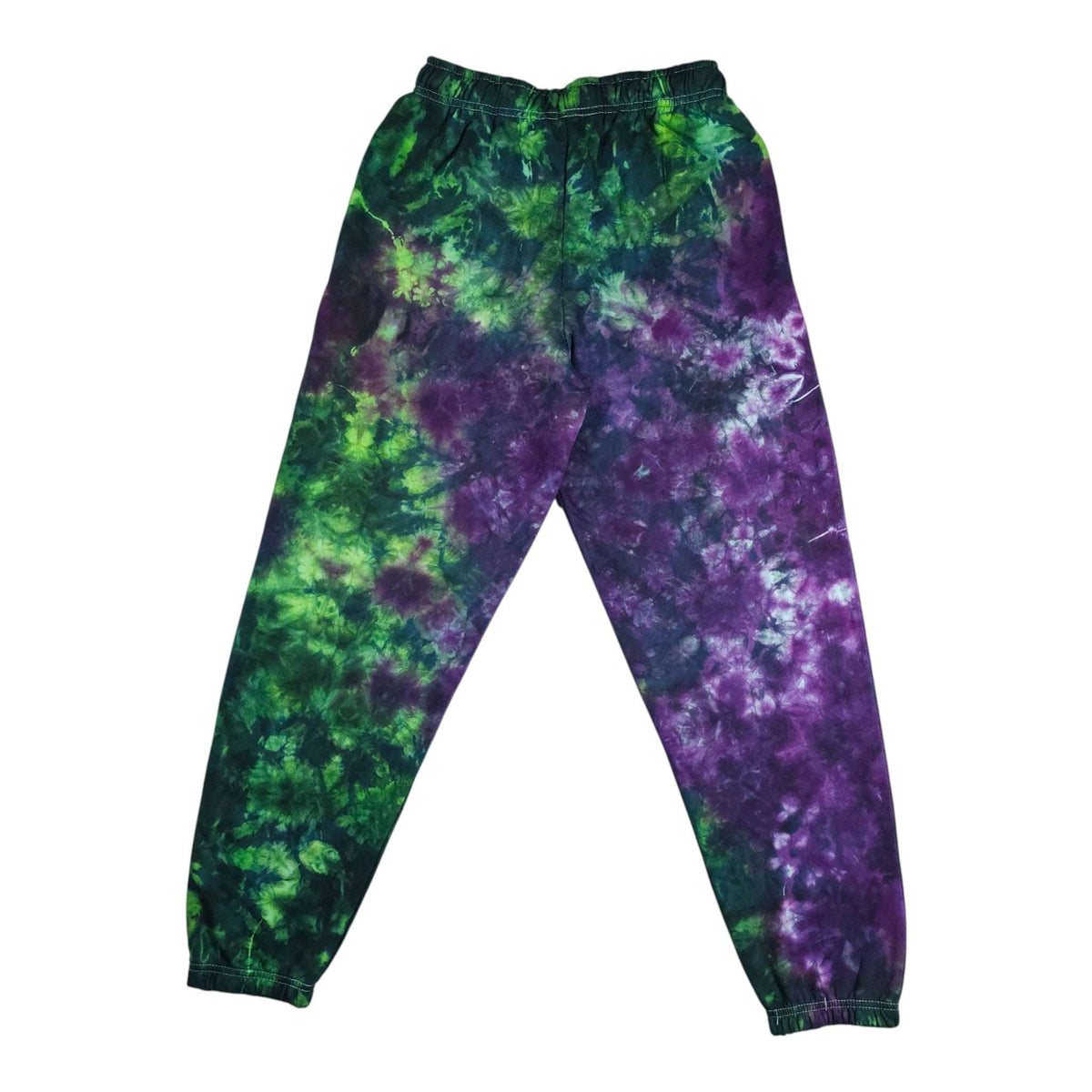 Purple and green tie-dye jogging bottoms with elastic waistband and tapered cuff ends