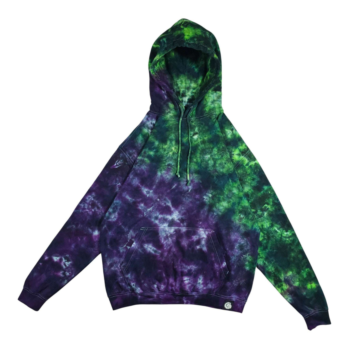 Green and purple tie-dye pullover hoodie with drawstring hood and front pouch pocket