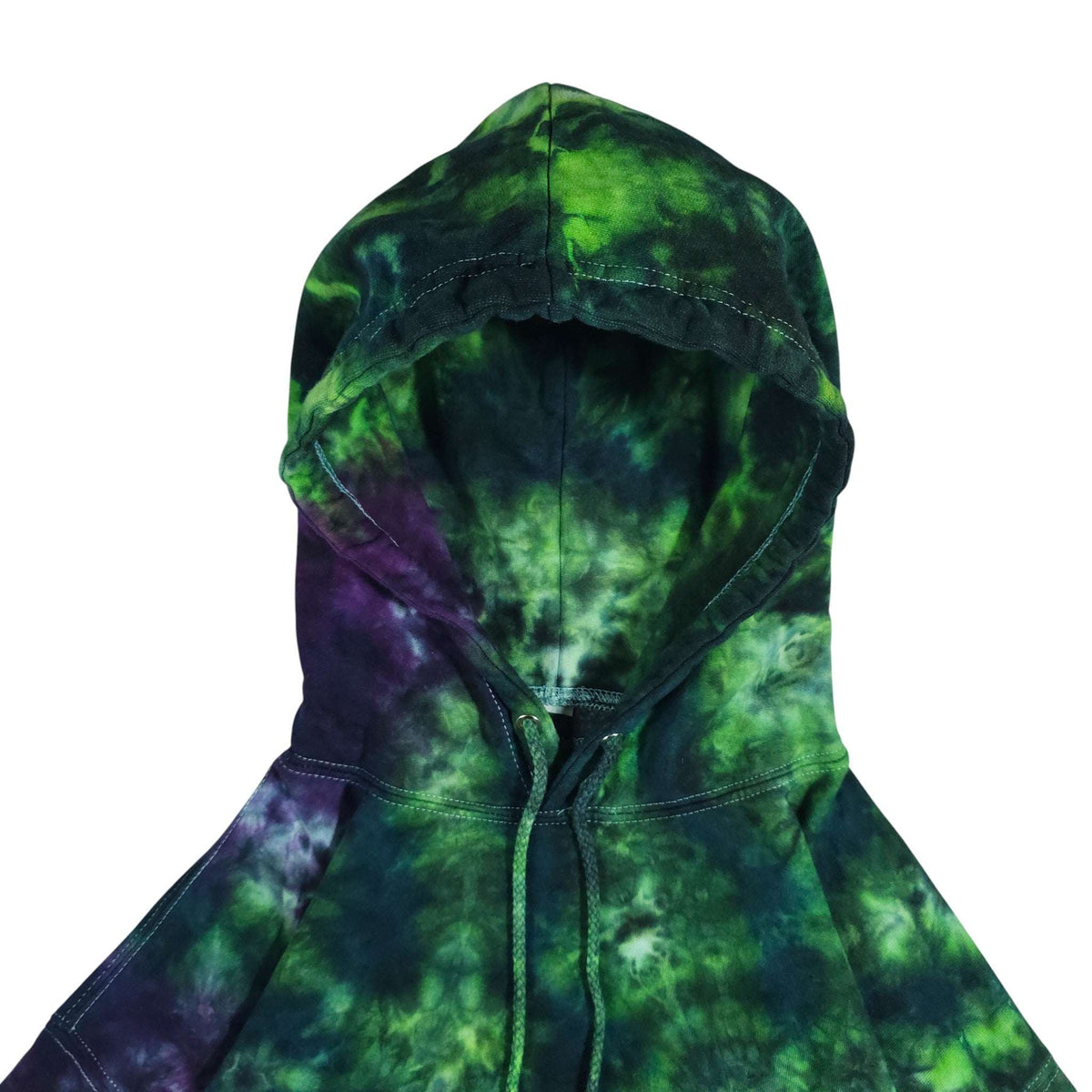 Green and purple tie-dye pullover hoodie hood with drawstrings, front view
