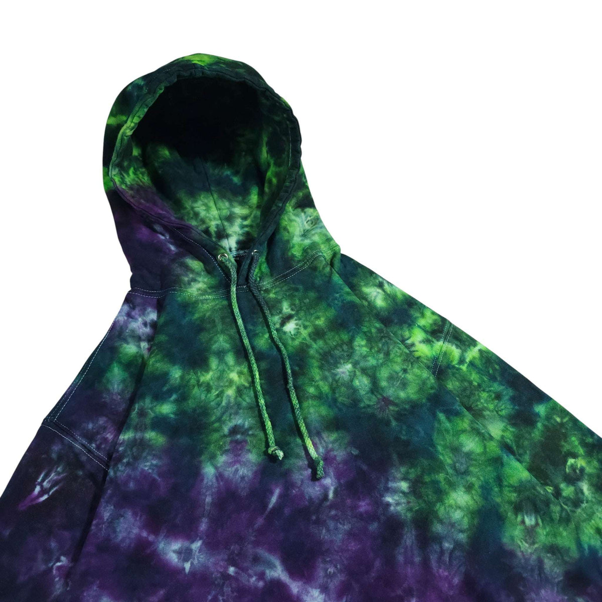 Tie-dye pullover hoodie with green and purple swirls and drawstring hood