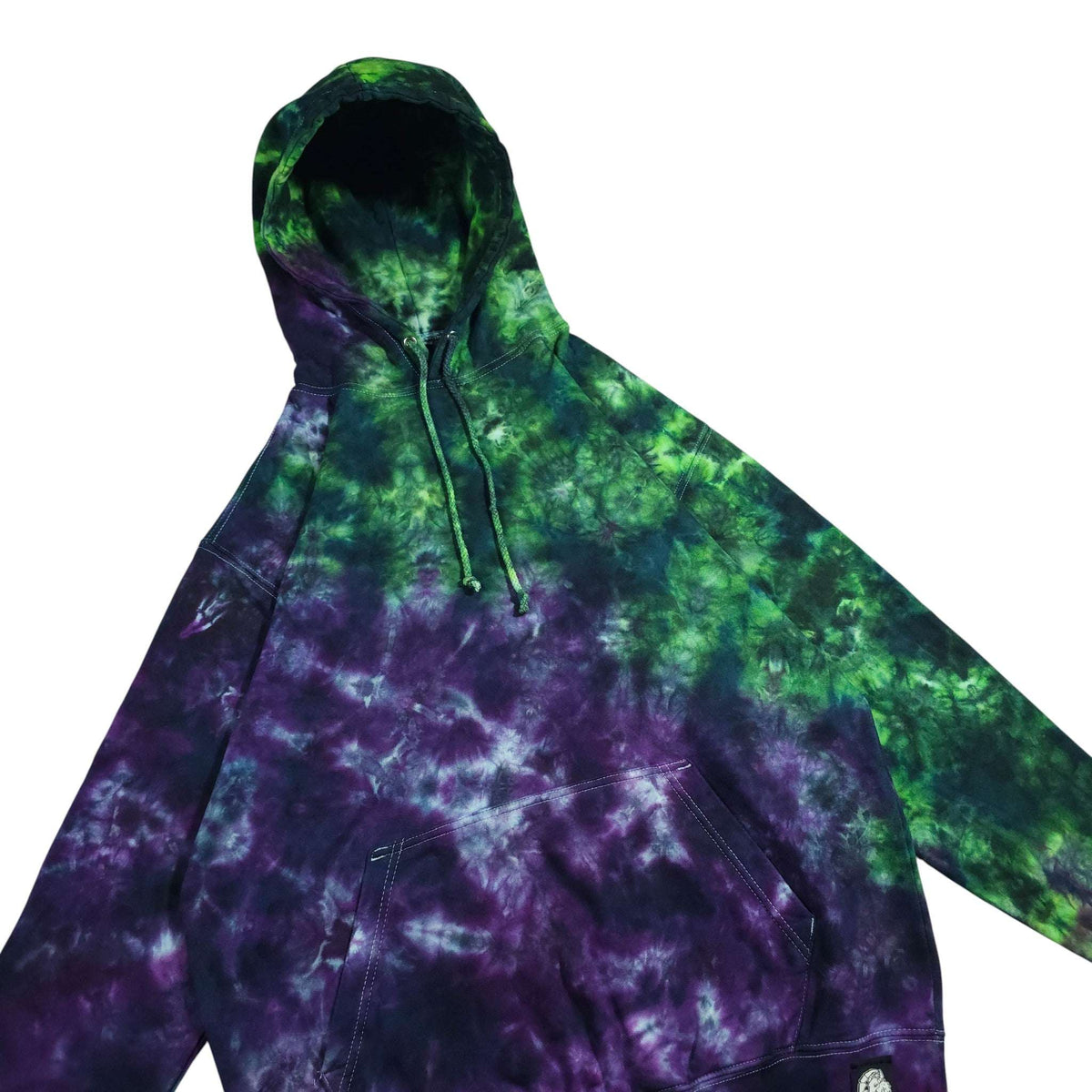Green and purple tie-dye pullover hoodie with drawstring hood and front pouch pocket