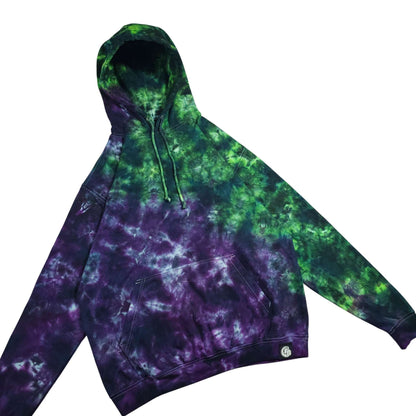 Green and purple tie-dye pullover hoodie with front pouch pocket and drawstring hood