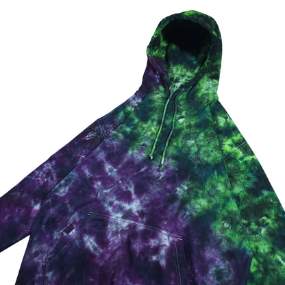 Green and purple tie-dye pullover hoodie with drawstring hood and front pocket area