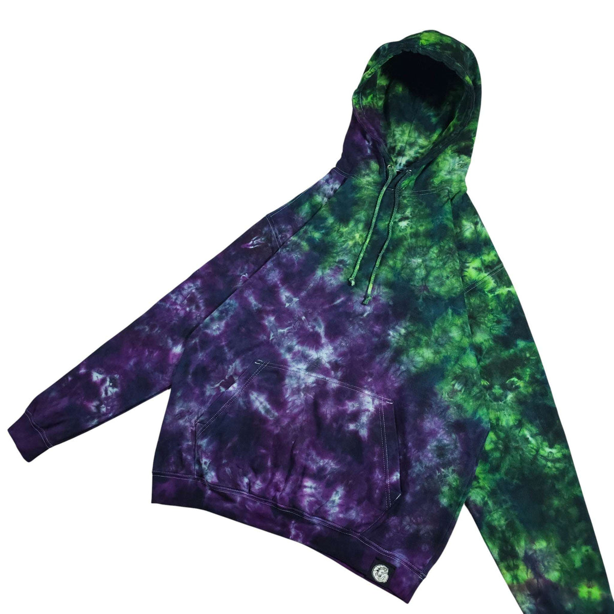 Green and purple tie-dye pullover hoodie with drawstring hood and front pouch pocket