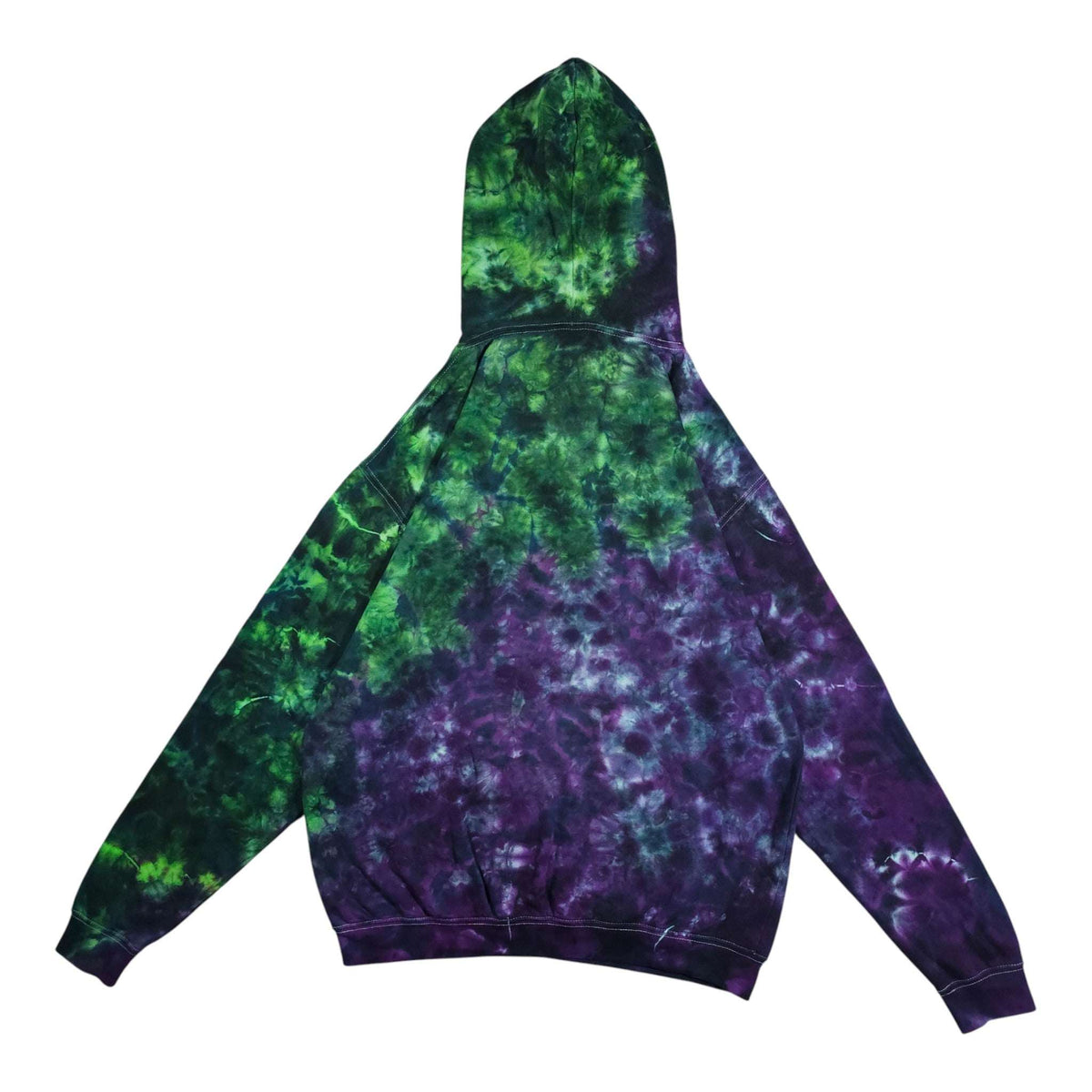 Green and purple tie-dye pullover hoodie with drawstring hood and long sleeves