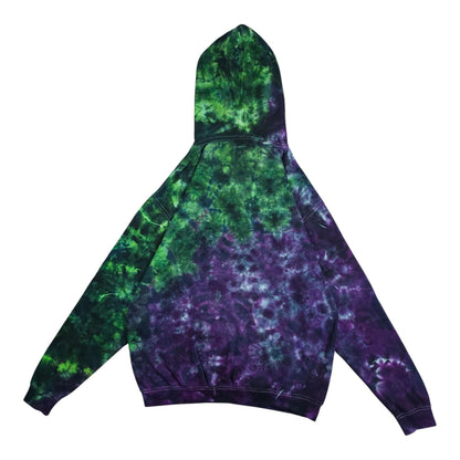 Green and purple tie-dye pullover hoodie with drawstring hood and long sleeves