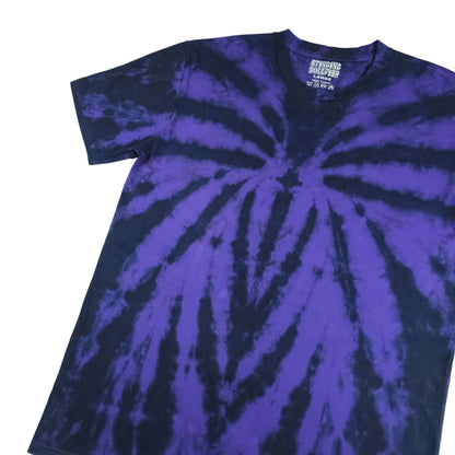 Purple and dark blue spiral tie-dye T-shirt with crew neck and short sleeves.