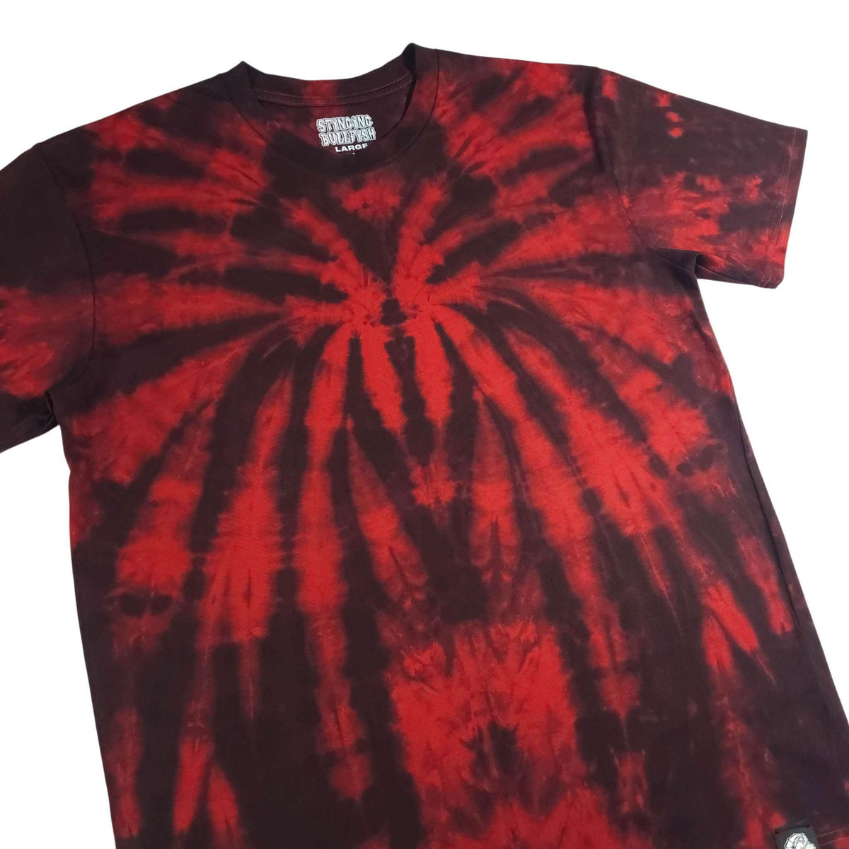 Spider tie-dye T-shirt with red center burst, dark red-and-black swirl, crew neck
