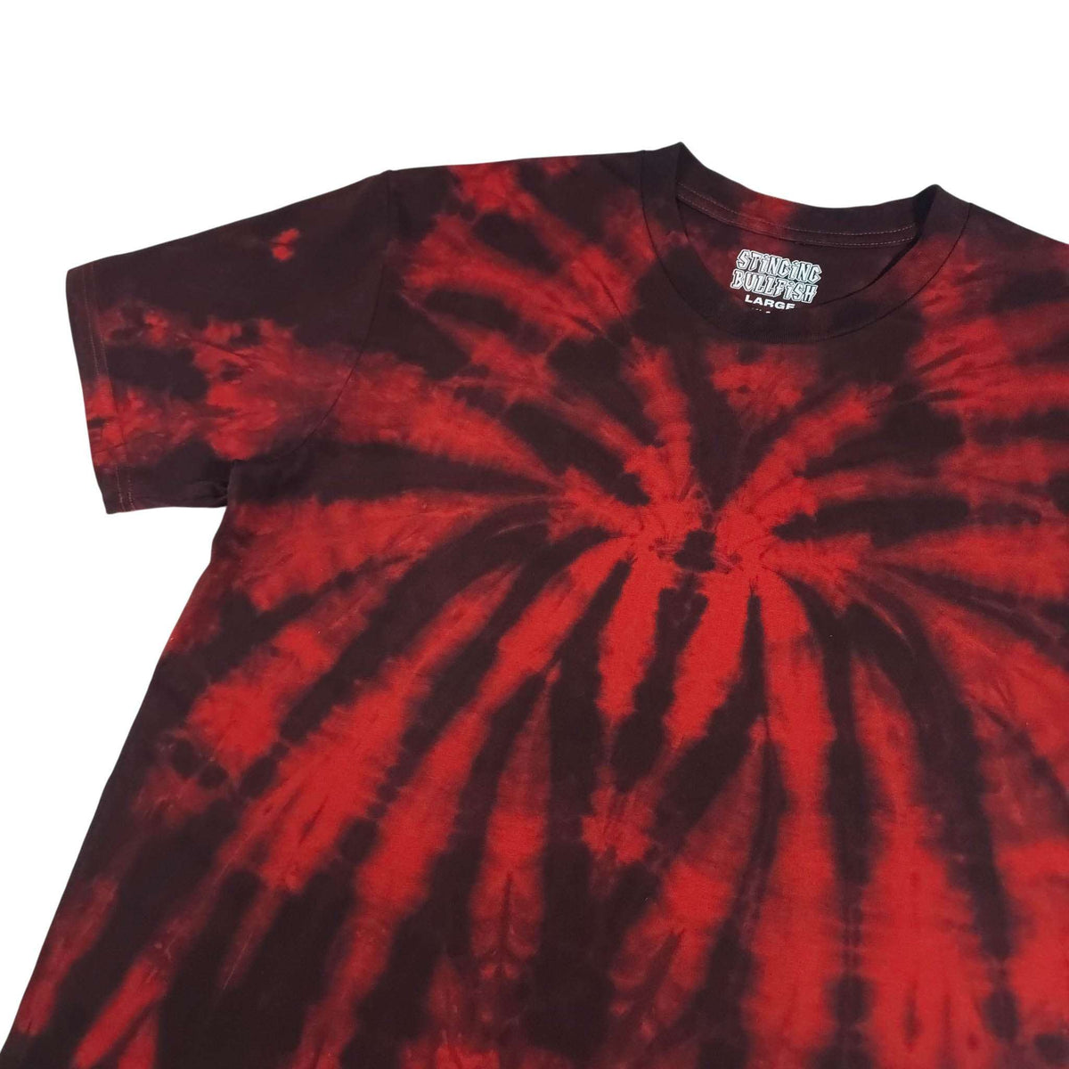 Spider tie-dye T-shirt close-up, red spider-web spiral on dark base, crew neck