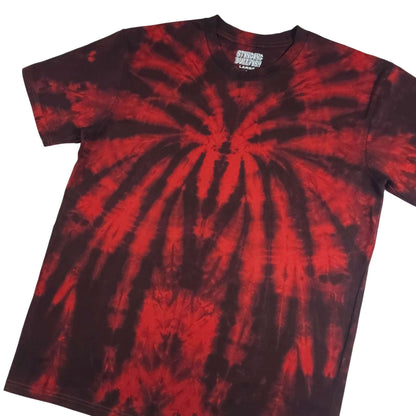 Spider tie-dye T-shirt front view, red sunburst spiral print with black streaks, crew neck