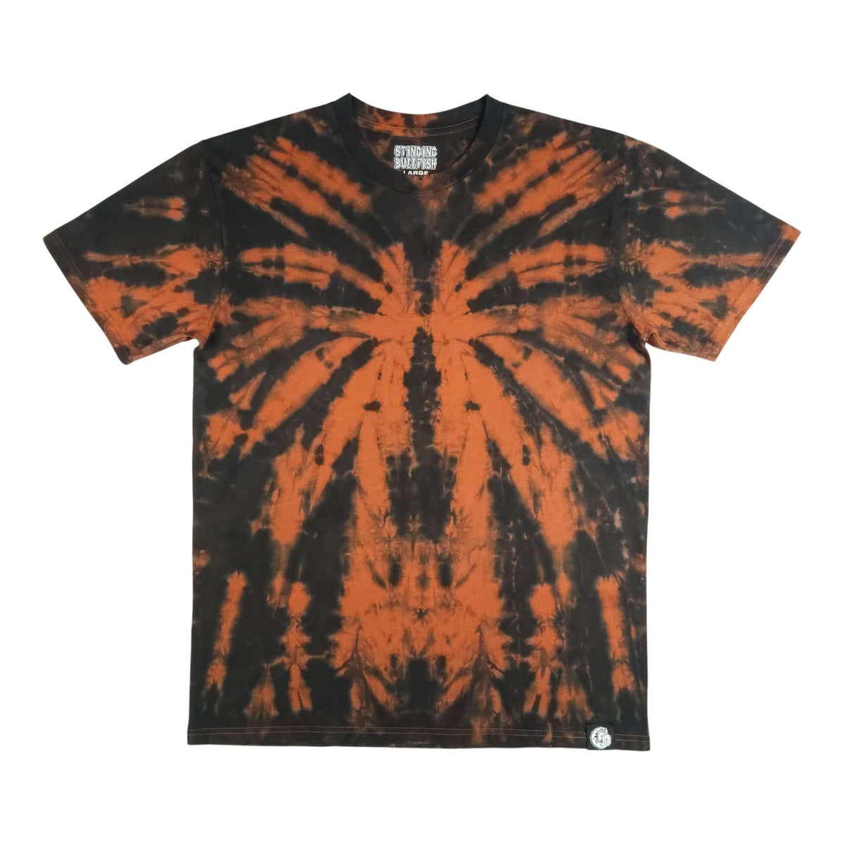 Men's V-neck tie-dye T-shirt, burnt orange spiral with dark spider web pattern