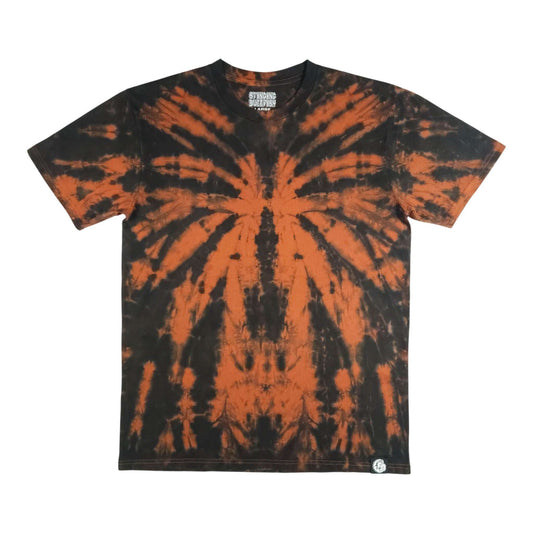 Men's V-neck tie-dye T-shirt, burnt orange spiral with dark spider web pattern