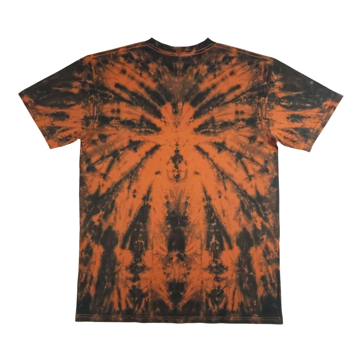 Men's V-neck tie-dye T-shirt, burnt orange spider spiral with dark radial streaks
