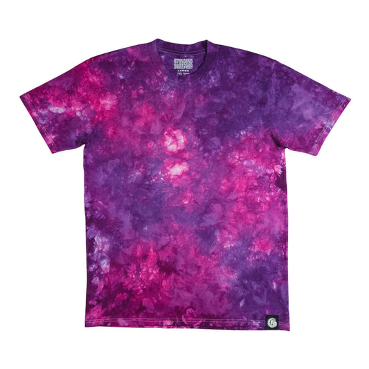 Purple & pink tie-dye T-shirt, crew neck, short sleeves.