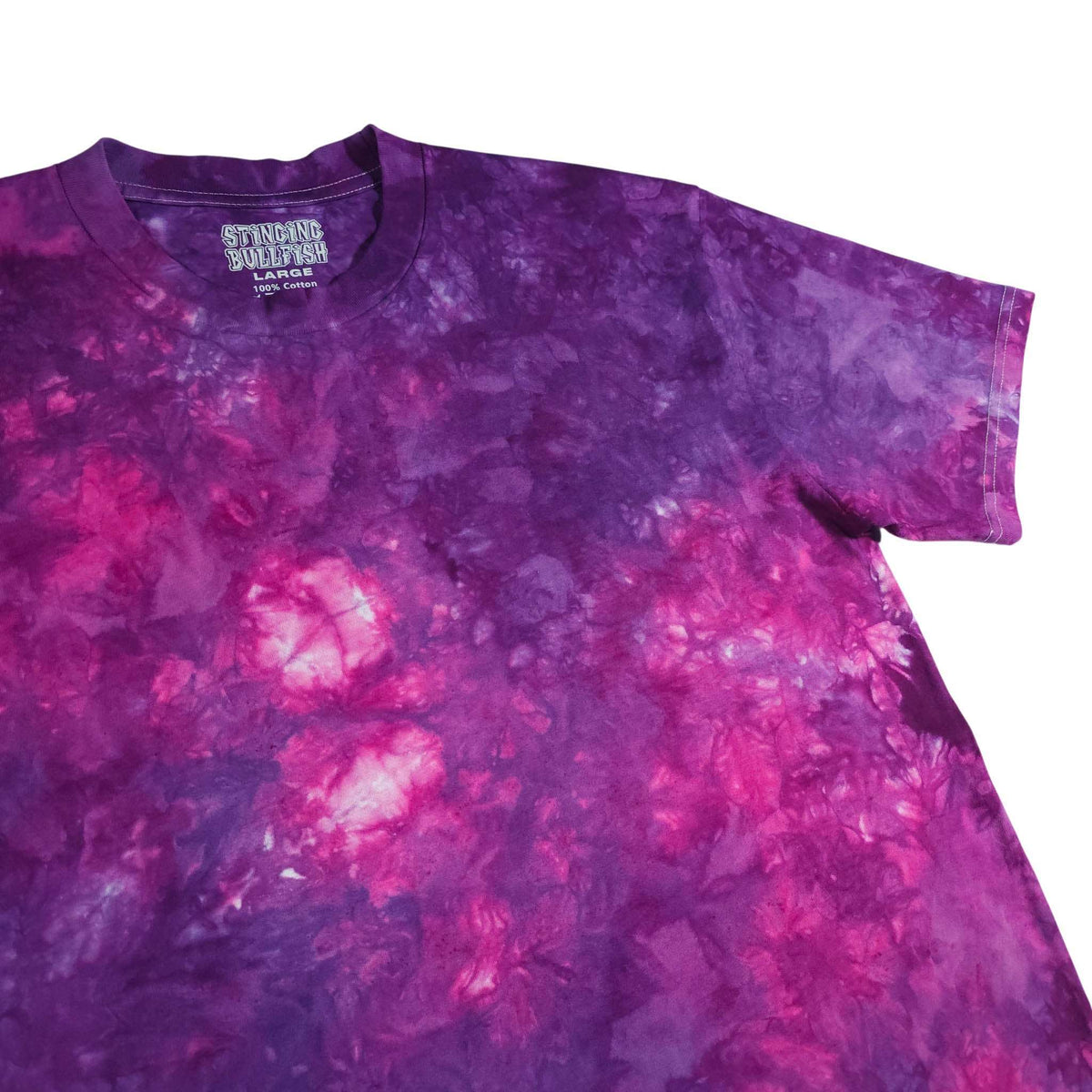 Purple & pink tie-dye T-shirt with crew neck and short sleeves.