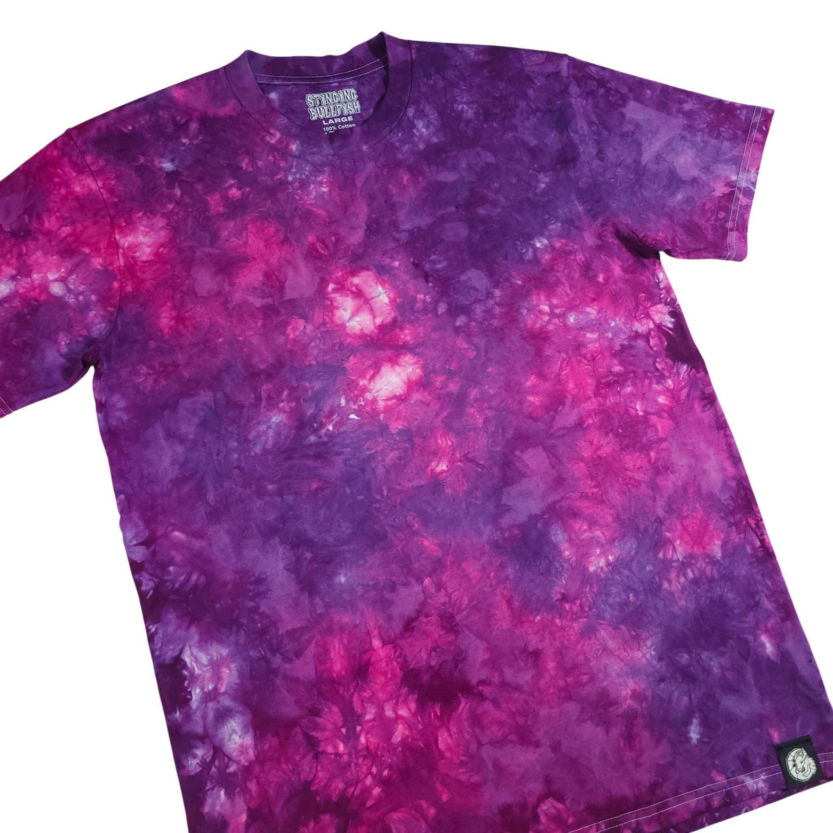 Purple & pink tie-dye T-shirt, crew neck; small side logo detail.