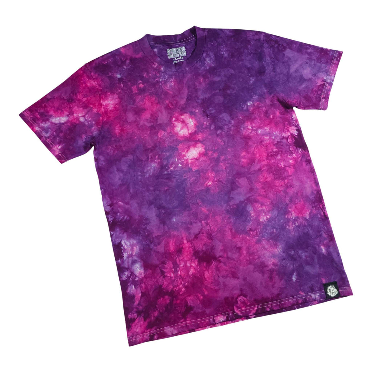 Purple & pink tie-dye T-shirt, crew neck, short sleeves; small side tag.