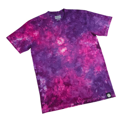 Purple & pink tie-dye T-shirt, crew neck, short sleeves; small side tag.
