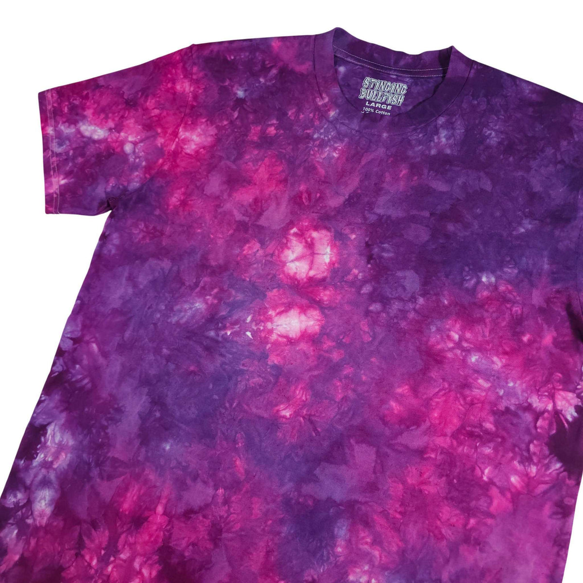 Purple & pink tie-dye T-shirt with crew neck and short sleeves.