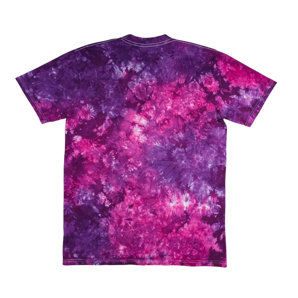 Purple & pink tie-dye T-shirt back view, crew neck and short sleeves.