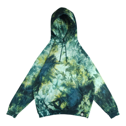 Green tie-dye pullover hoodie with dark hood, front pocket, and drawstring.
