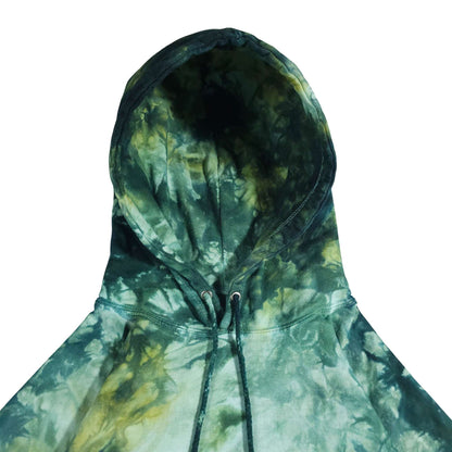 Close-up of green tie-dye hoodie hood with dark drawstring and kangaroo pocket.