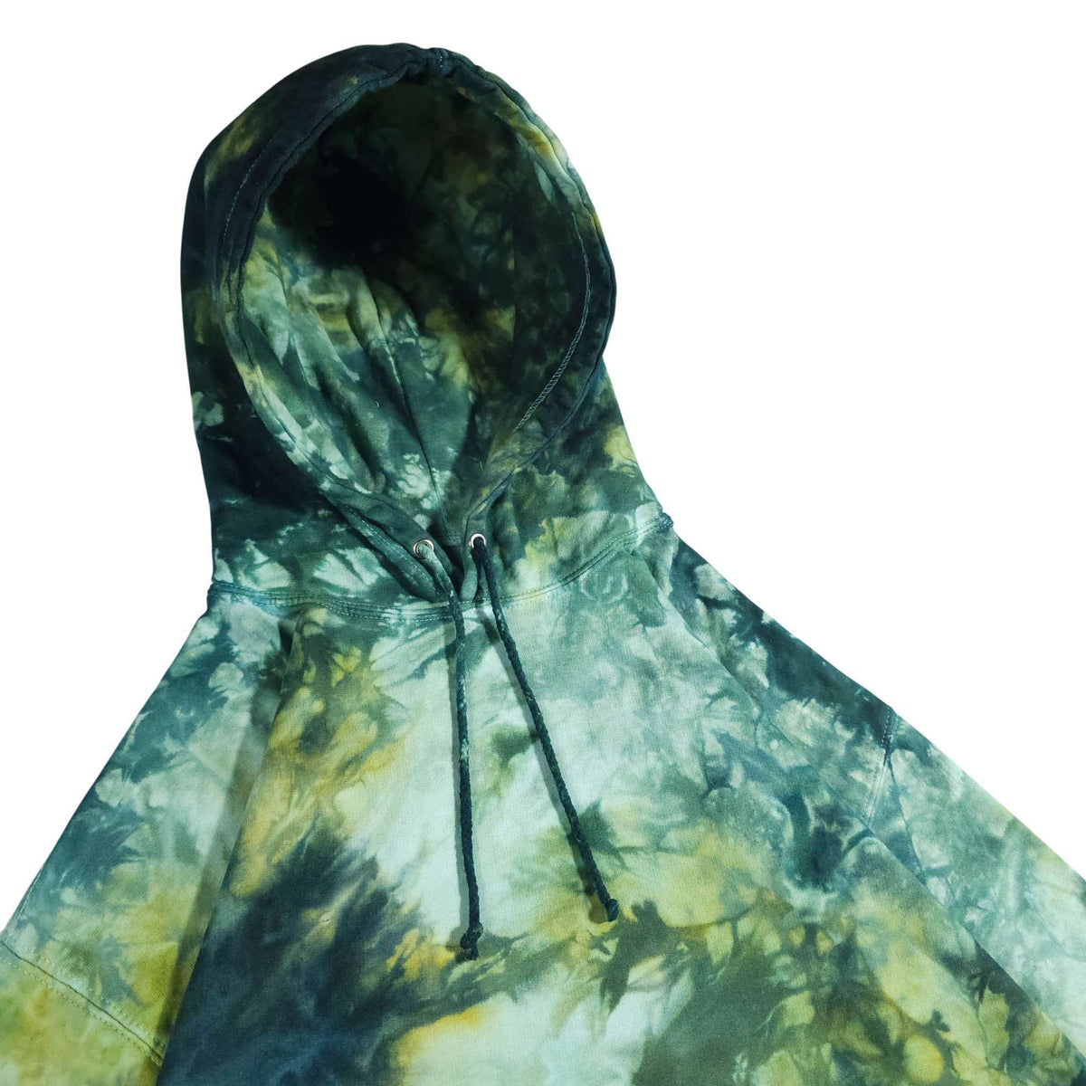 Green tie-dye pullover hoodie front with hood and drawstring; long sleeves.