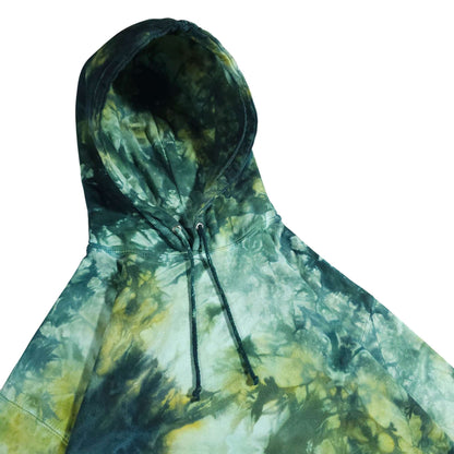 Green tie-dye pullover hoodie front with hood and drawstring; long sleeves.