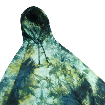 Green tie-dye pullover hoodie with dark hood and front kangaroo pocket seam.